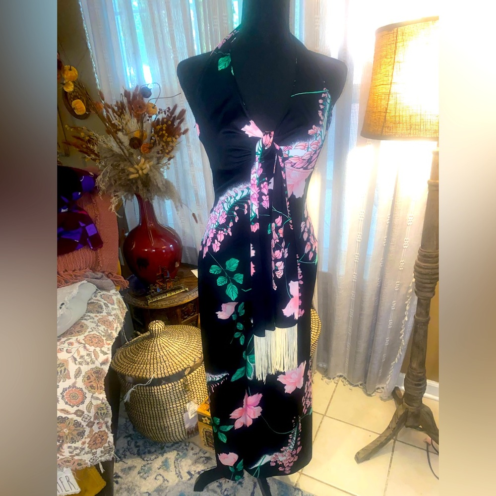 Floral New Leaf California Black Halter Jumpsuit with Pink and Green Accents